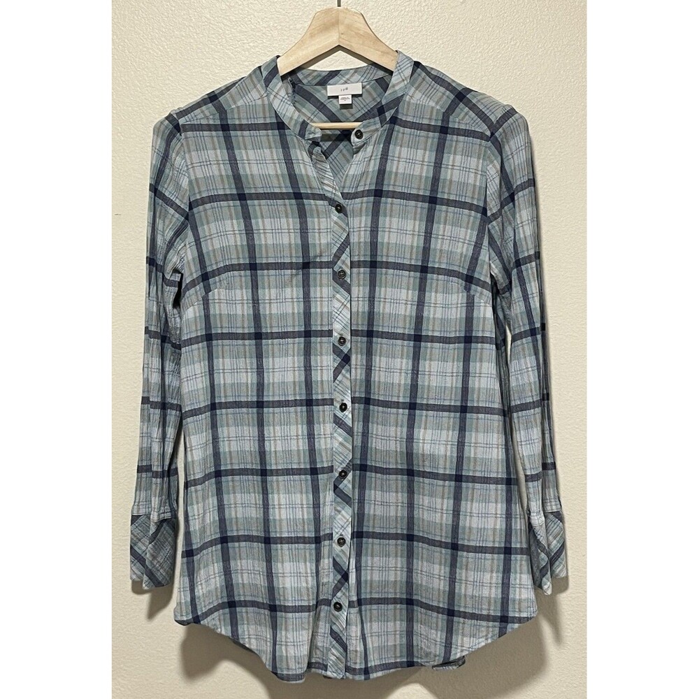 J Jill Tunic Top Button Up Size Medium Seafoam Green Plaid Casual